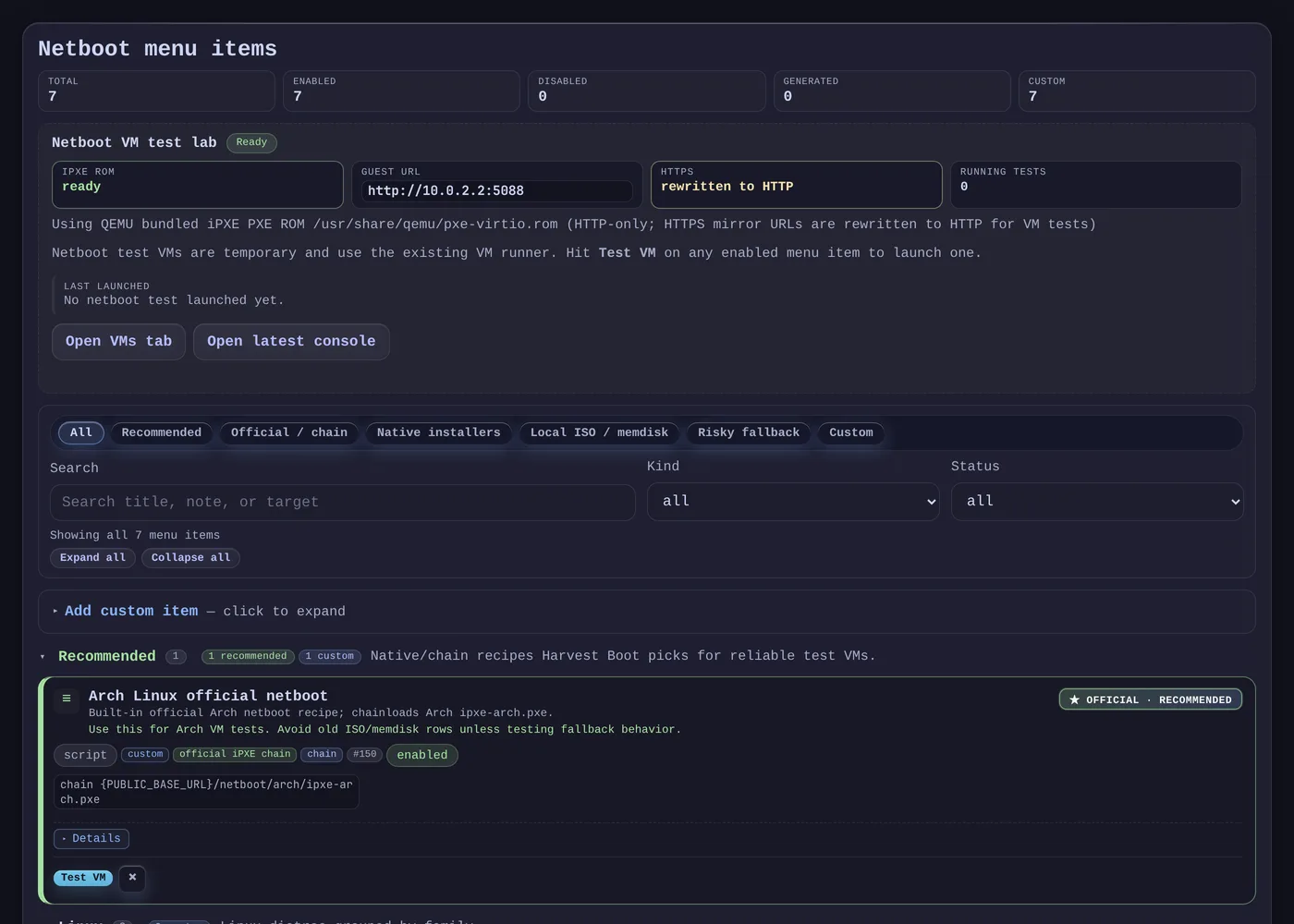 The netboot view: menu counts, a VM test lab showing the iPXE ROM ready and the guest URL, filters by recipe type, and a recommended Arch Linux netboot entry with a Test VM button.