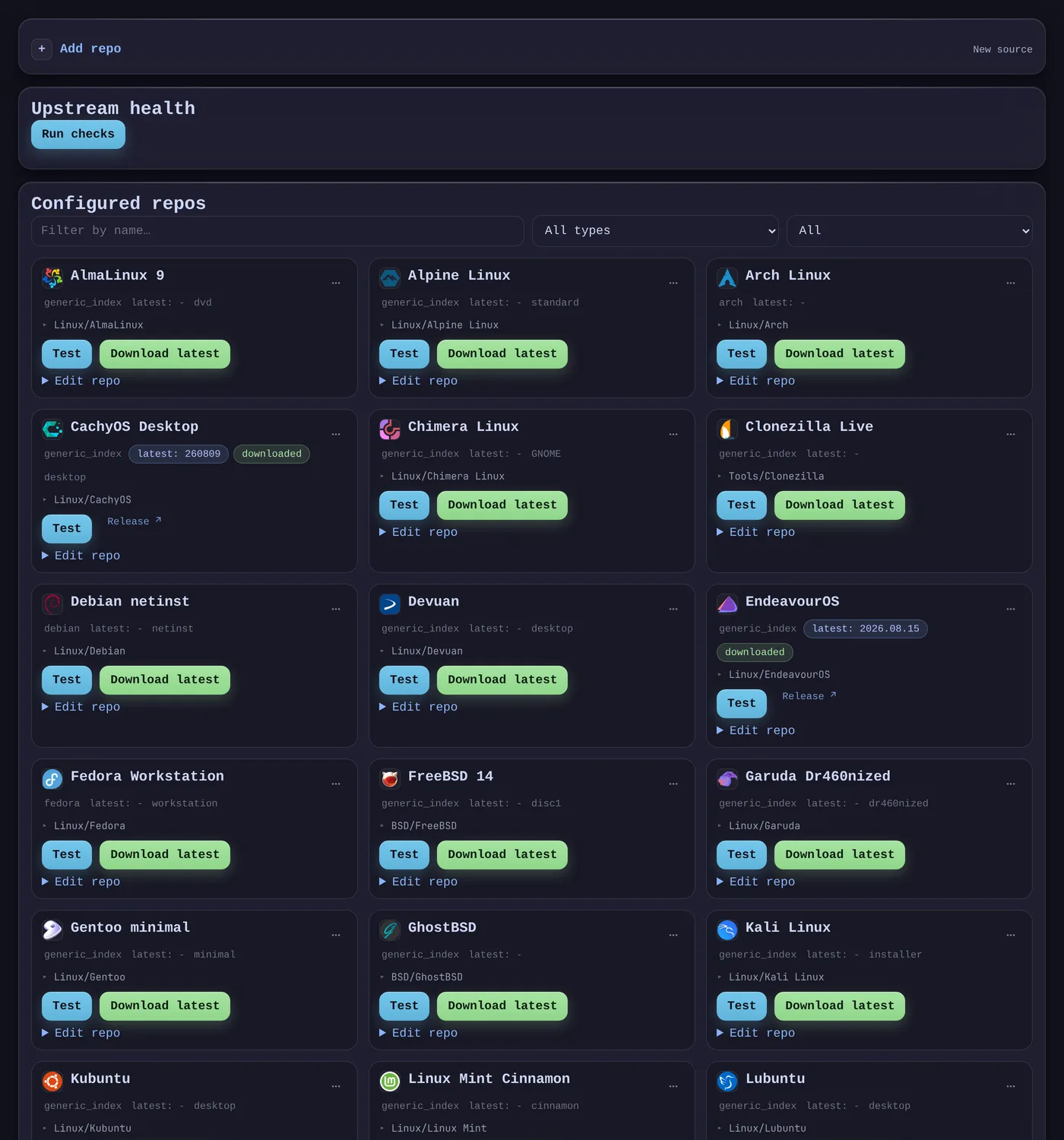 The repos view: configured upstream sources as cards, each showing its resolver type, target library folder, latest discovered version, and buttons to test the source or download the latest image.