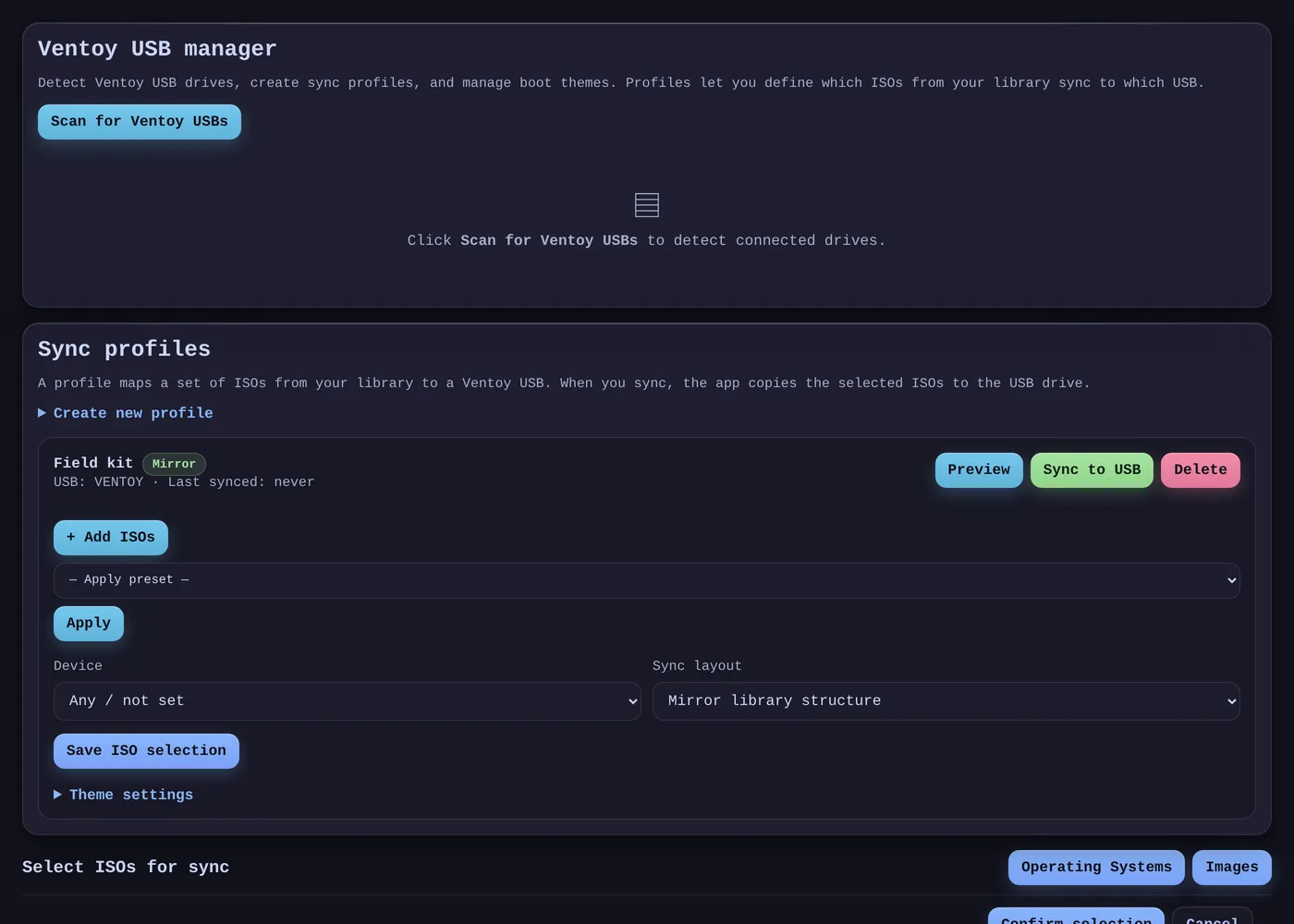 The Ventoy view: a sync profile named Field kit with Preview, Sync to USB and Delete buttons, a preset picker, the target device, the mirror-library layout, and theme settings.