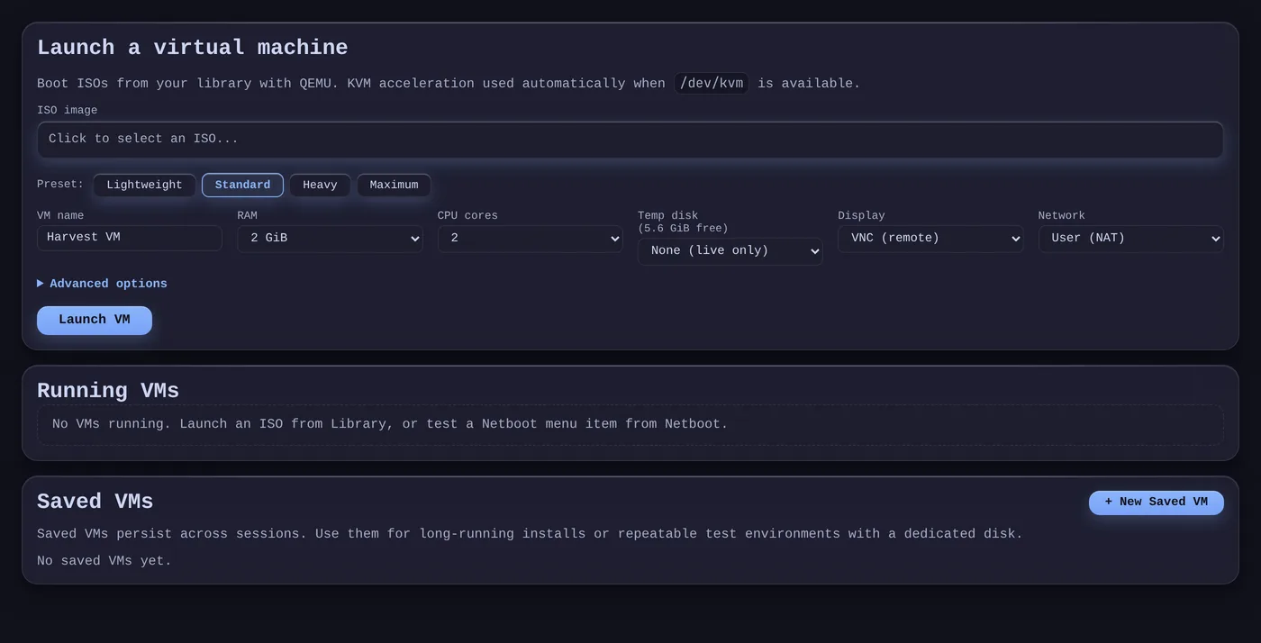 The VMs view: a launch form with an ISO picker, resource presets from lightweight to maximum, RAM, CPU cores, a temporary disk, display and network options, above the running and saved machine lists.