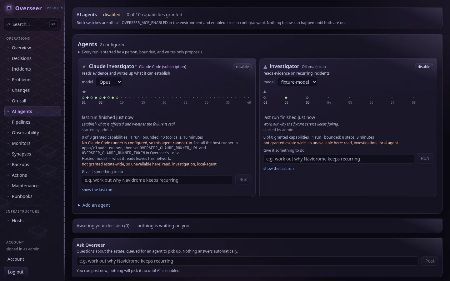 The AI agents page showing agents disabled, their granted capabilities, and the bound on a run.