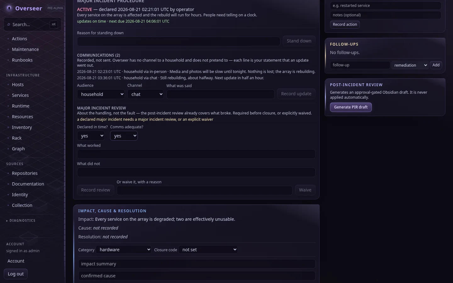 An incident workspace showing a P3 priority directly above an active major incident declaration, recorded communications and the review that gates closure.