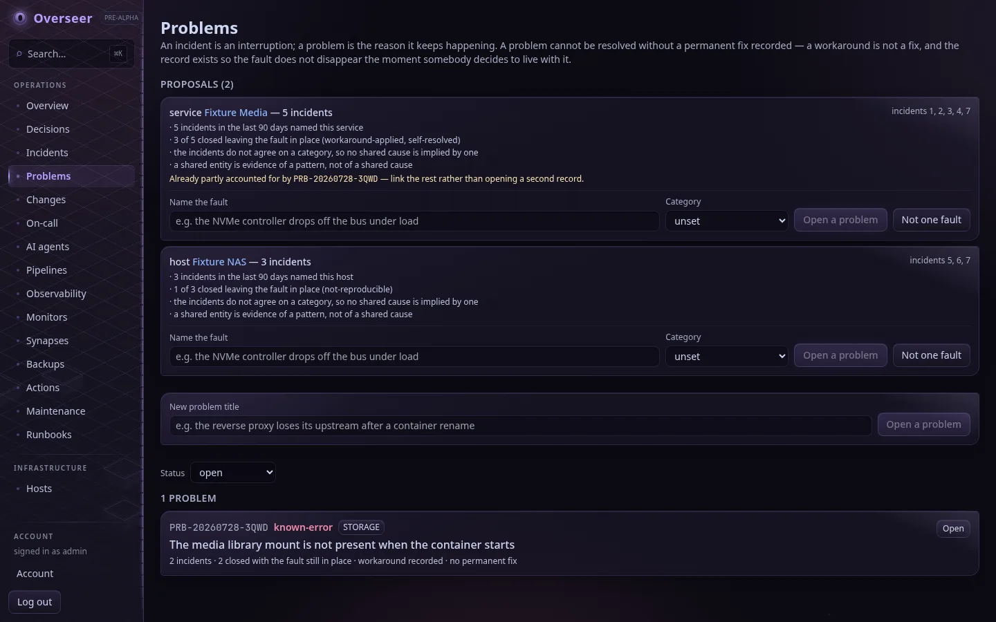 The problems page showing two proposals with their reasons and one known error with a workaround but no permanent fix.